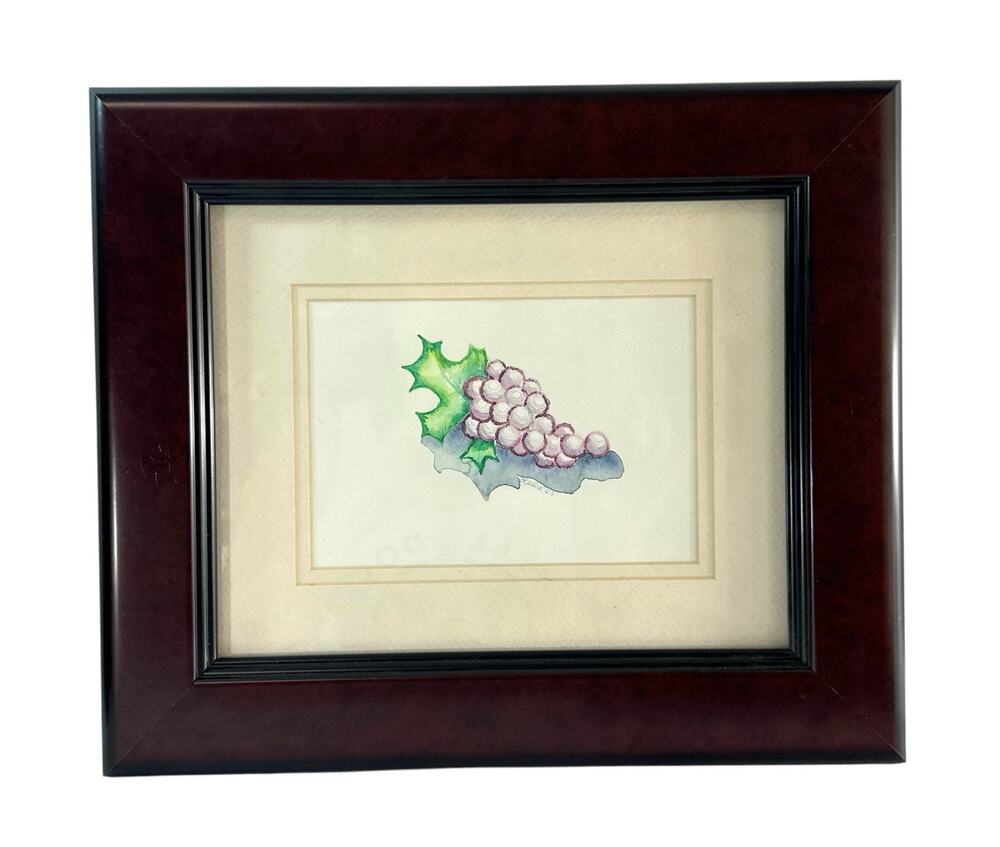 Original Watercolor Painting Purple Grapes Signed Leslie 2003 Framed 13x11